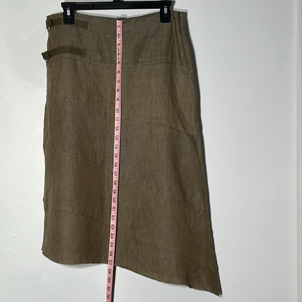 Sandro Asymmetrical Linen Blend Skirt in Olive-Tan - Picture 3 of 7
